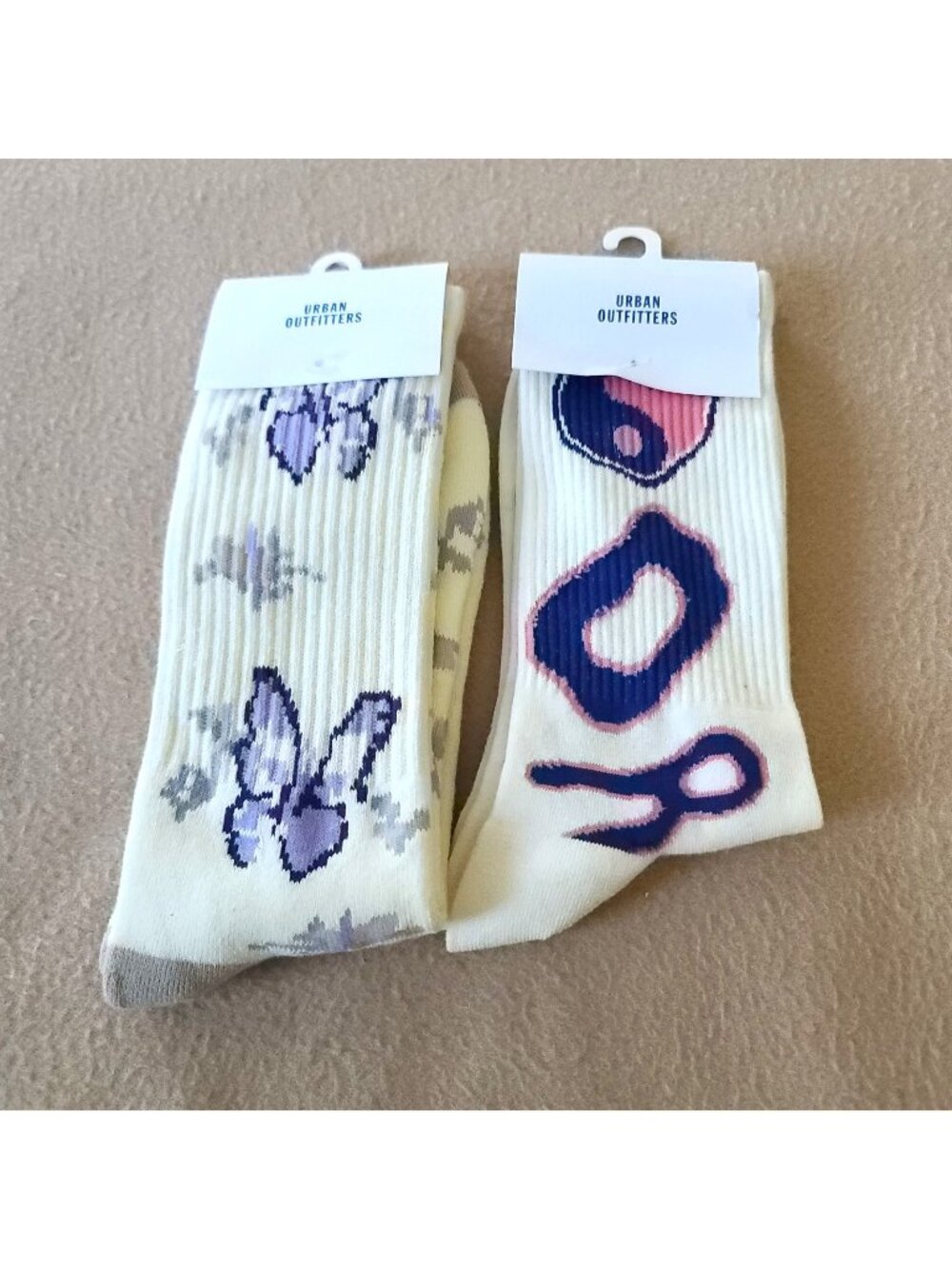 2 Pairs Urban Outfitters Crew Socks OS Unisex Butterfly Print + Order Chaos NEW
